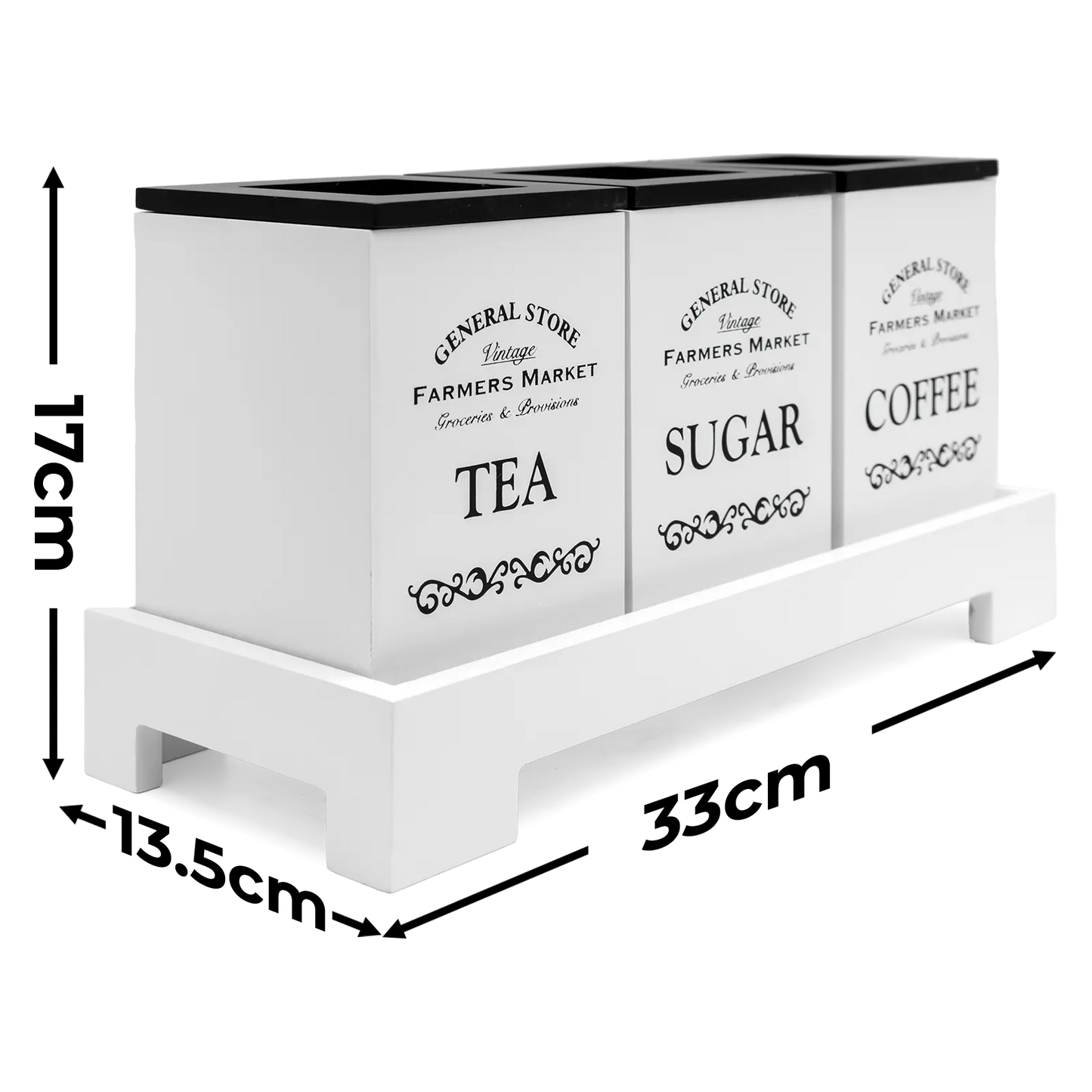 White Tea Coffee Sugar 3 Piece Canisters with Stand