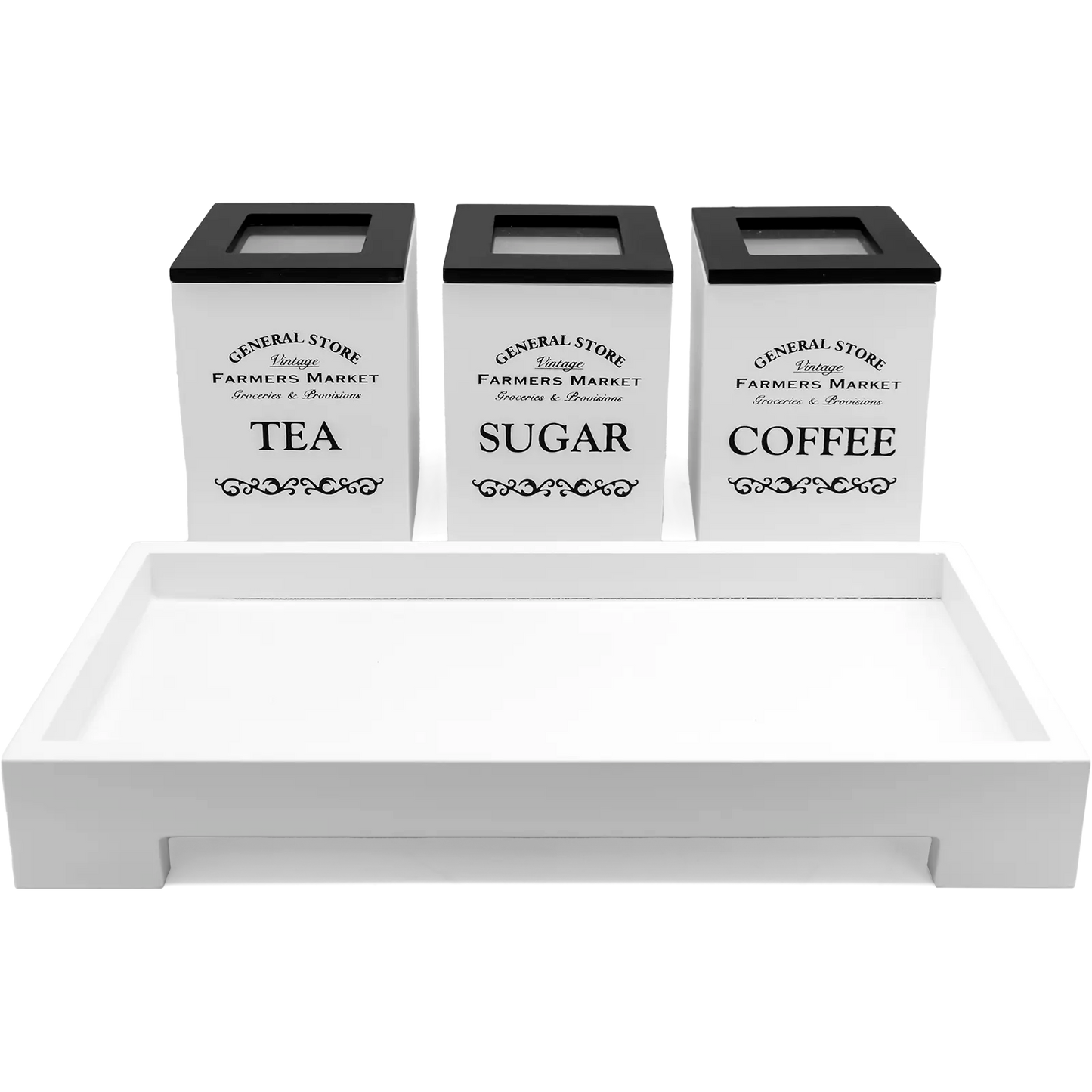 White Tea Coffee Sugar 3 Piece Canisters with Stand