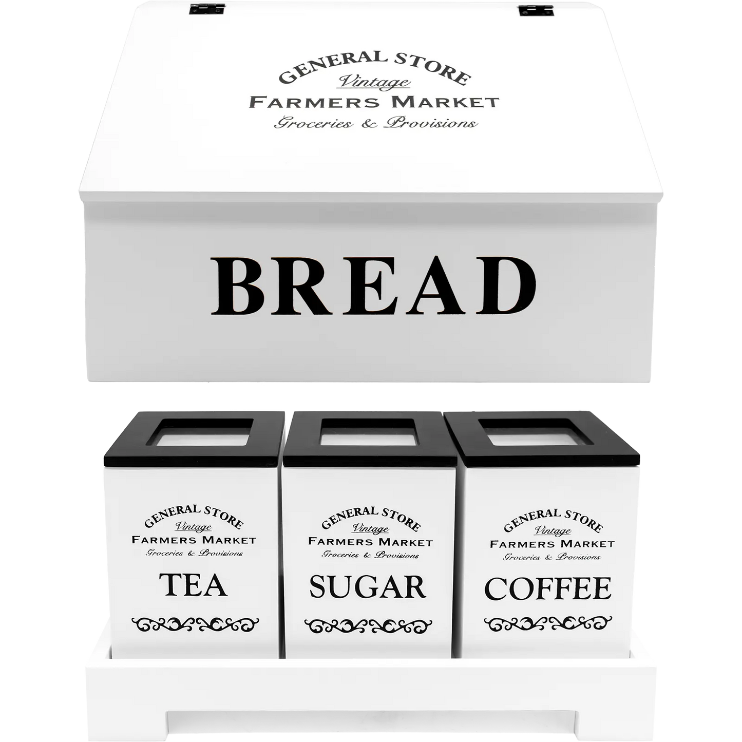 White Wooden Retro Tea Coffee Sugar and Bread Bin Storage Box Set