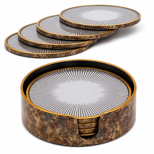 Retro Starburst Drink Coasters Set of 4 w/ Holder Gold Bronze Home Table Decor
