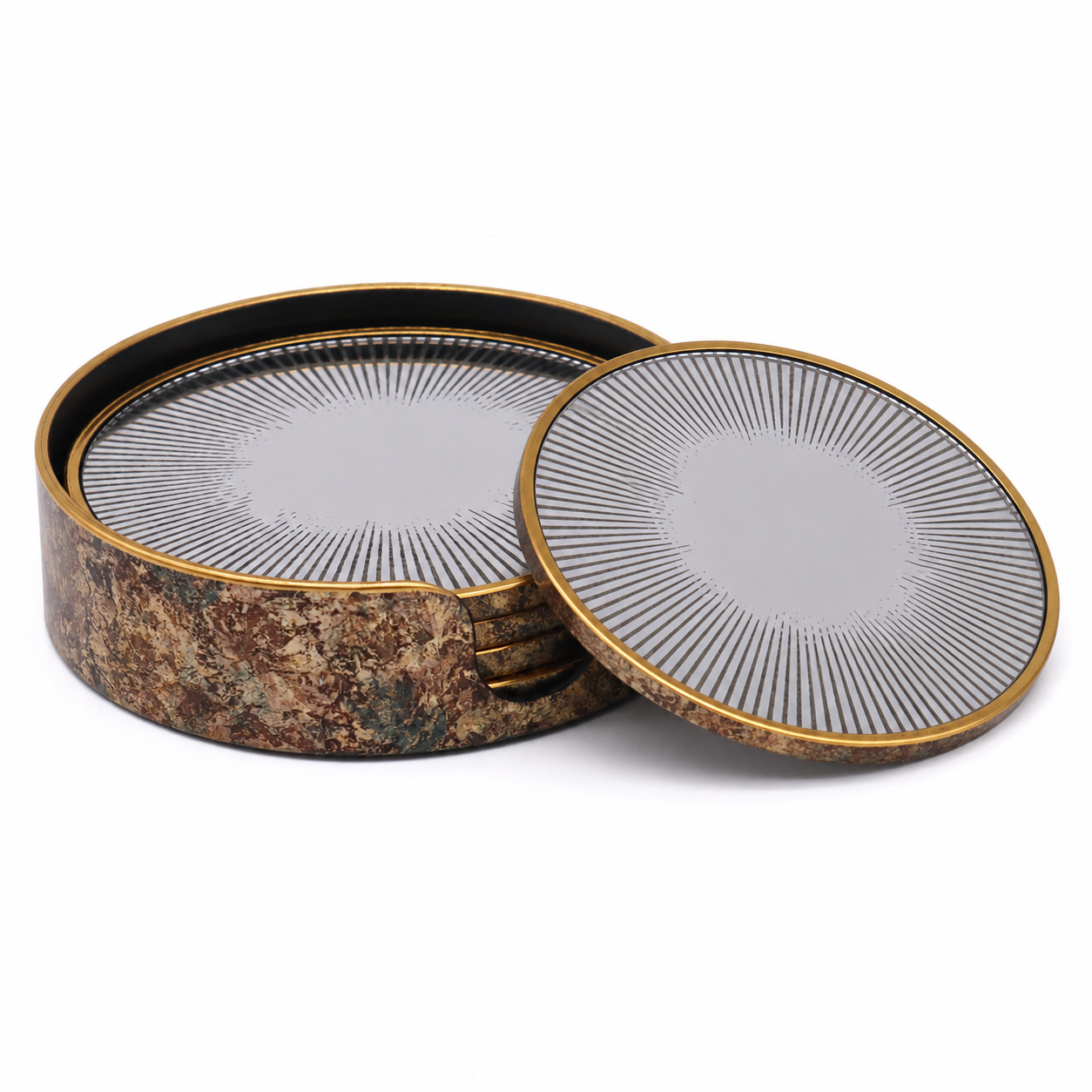 Retro Starburst Drink Coasters Set of 4 w/ Holder Gold Bronze Home Table Decor