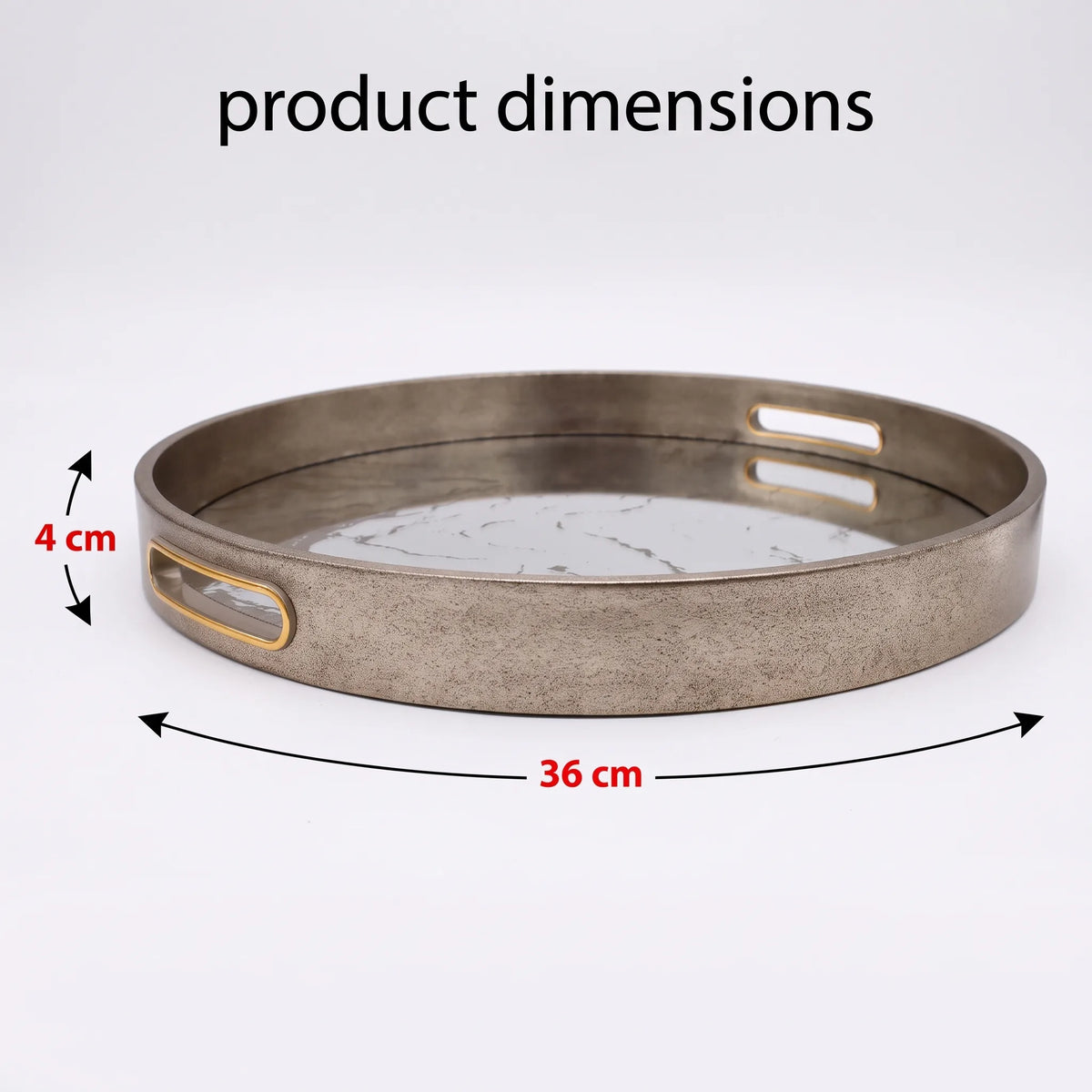 A round metal tray with two cutout handles, shown on a white background with dimension arrows and text reading 'product dimensions' indicating 36 cm width and 4 cm handle depth.