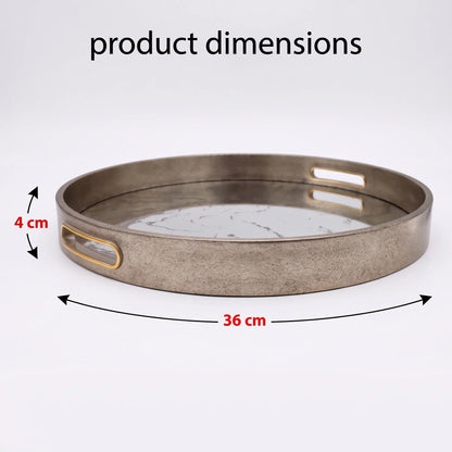 A round metal tray with two cutout handles, shown on a white background with dimension arrows and text reading 'product dimensions' indicating 36 cm width and 4 cm handle depth.