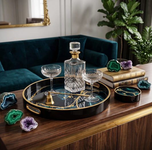 A luxury black and blue tray with gold detailing, styled on a wooden console table in a living room setting. The tray holds a clear cut crystal decanter and two coupe glasses, surrounded by decorative agate slices, books, and a matching bowl.