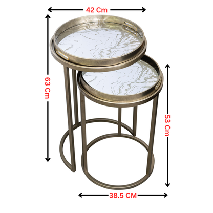 Antique Silver Nesting Table Set with Marble Effect Glass Tops