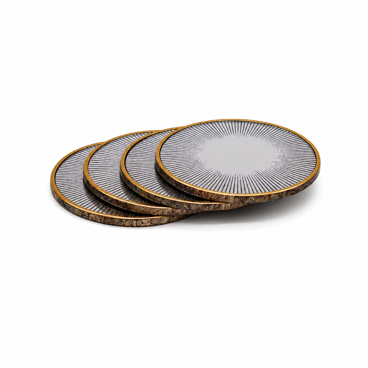 Retro Starburst Drink Coasters Set of 4 w/ Holder Gold Bronze Home Table Decor