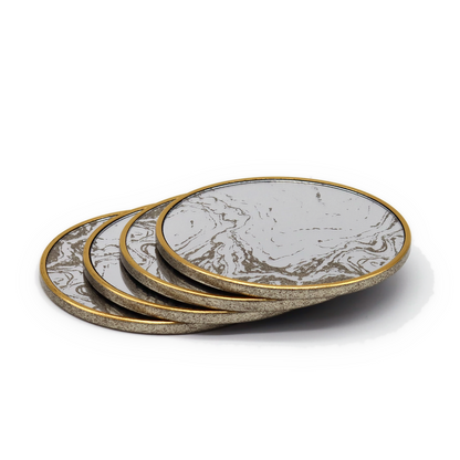 Set of 4 Modern Faux Marble Round Drink Coaster Set with Gold Trim & Holder