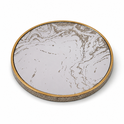 Marble Effect Round Serving Tray & Drink Coasters Set of 4 with Holder