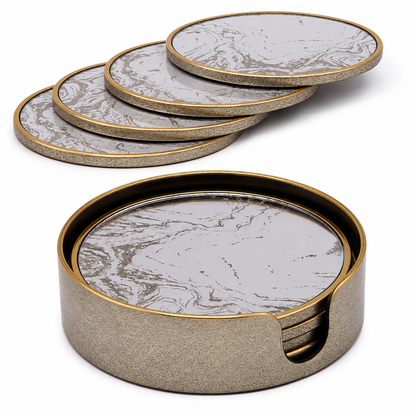 Marble Effect Round Serving Tray & Drink Coasters Set of 4 with Holder