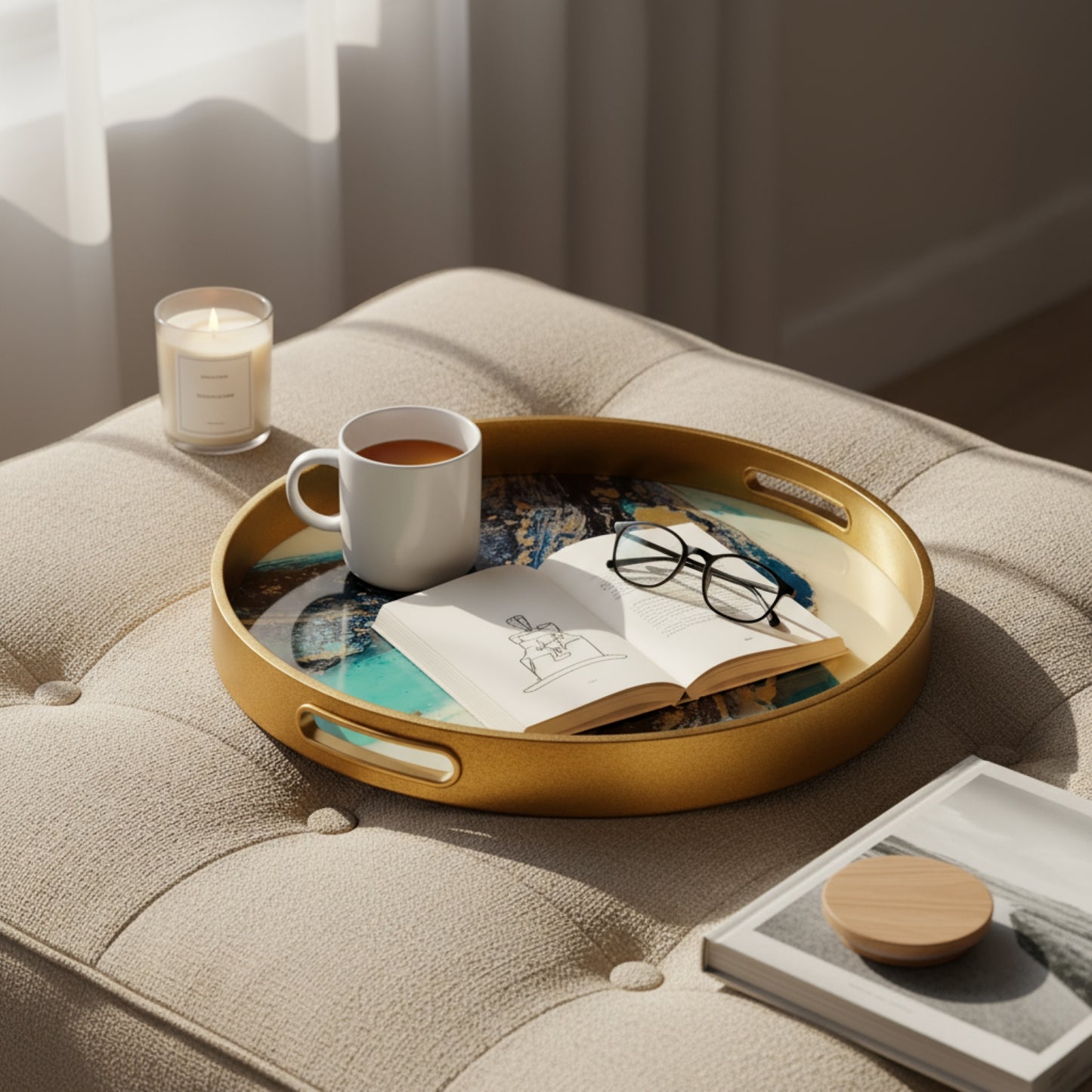 Round Gold Agate Theme Coffee Table Tray
