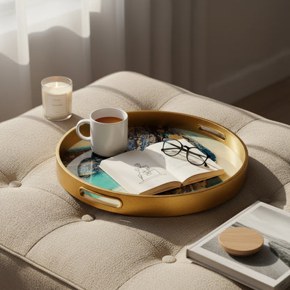Round Gold Agate Theme Coffee Table Tray