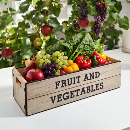 Wooden crate labeled 'Fruit and Vegetables' filled with fruits and vegetables on a white surface.