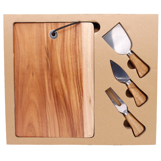 Top-down view of the acacia wood cheese board and three cheese knives nestled in their brown gift box.