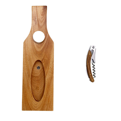 Wooden corkscrew and wooden cutting board on a white background