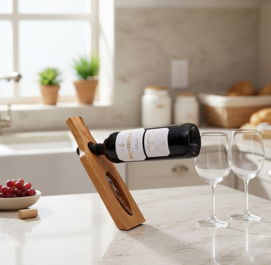 Gravity-Defying Wooden Wine Bottle Holder & Corkscrew Set