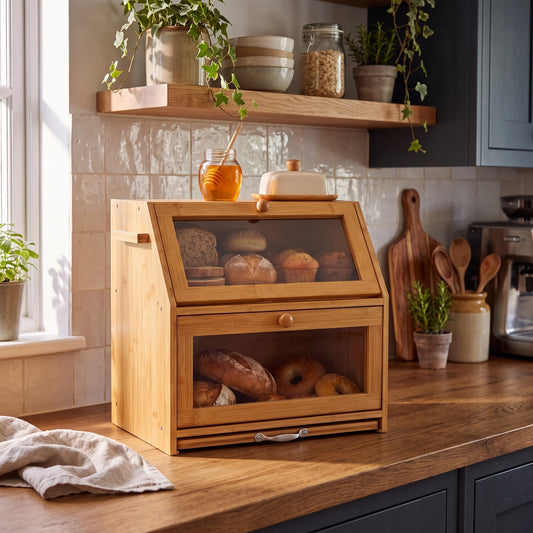A light natural wood bread box with a glass-front upper display window and a lower storage drawer, shown on a kitchen counter with bread inside. The scene includes a tiled backsplash, wooden shelf with plants, cutting boards, and kitchen accessories.