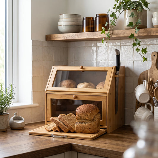 A wooden bread box with a glass top and drawer, shown on a kitchen counter with sliced bread in front and whole loaves inside. The scene includes a tiled backsplash, wooden shelf, plants, and kitchen utensils.