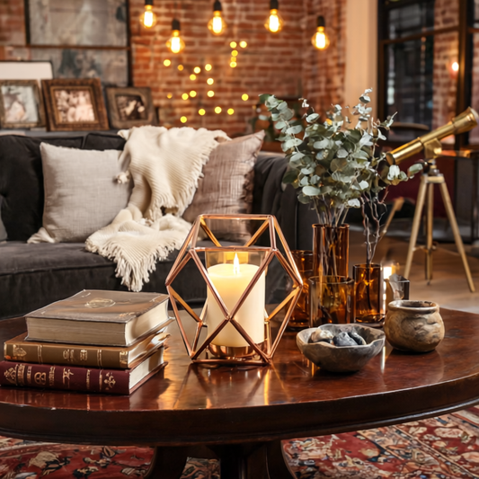 Living room with a wooden coffee table featuring a candle, books, and decorative items.