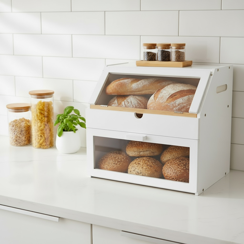White bread box with loaves of bread on a kitchen counter with jars and a plant.
