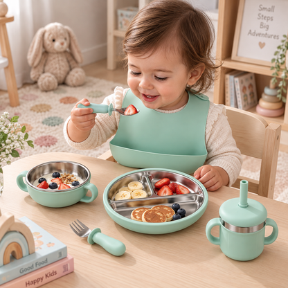Baby Feeding & Weaning Set with Stainless Steel Plate, Bowl, Bib, Cup & Cutlery
