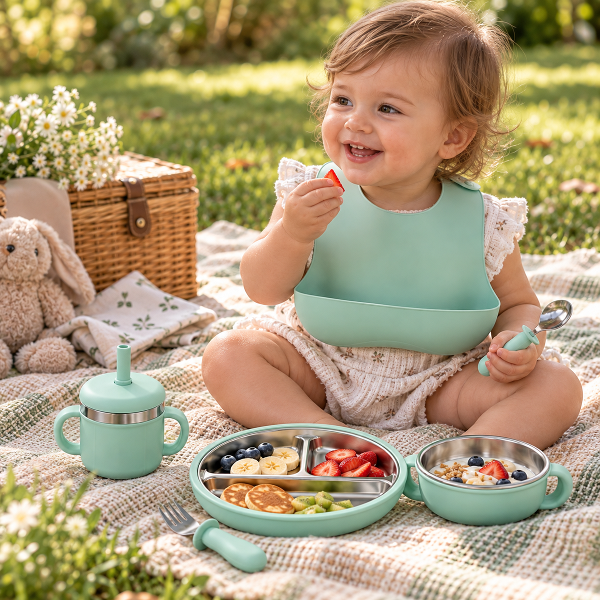 Baby Feeding & Weaning Set with Stainless Steel Plate, Bowl, Bib, Cup & Cutlery