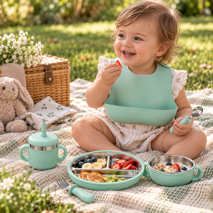 Baby Feeding & Weaning Set with Stainless Steel Plate, Bowl, Bib, Cup & Cutlery