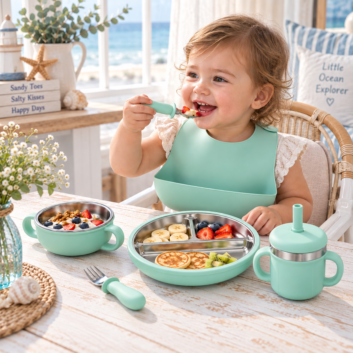 Baby Feeding & Weaning Set with Stainless Steel Plate, Bowl, Bib, Cup & Cutlery