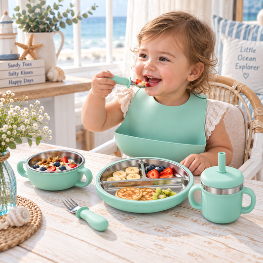 Baby Feeding & Weaning Set with Stainless Steel Plate, Bowl, Bib, Cup & Cutlery