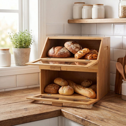 Large Bamboo 3-Compartment Bread Bin