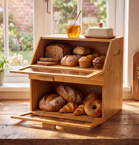 Large Bamboo 3-Compartment Bread Bin
