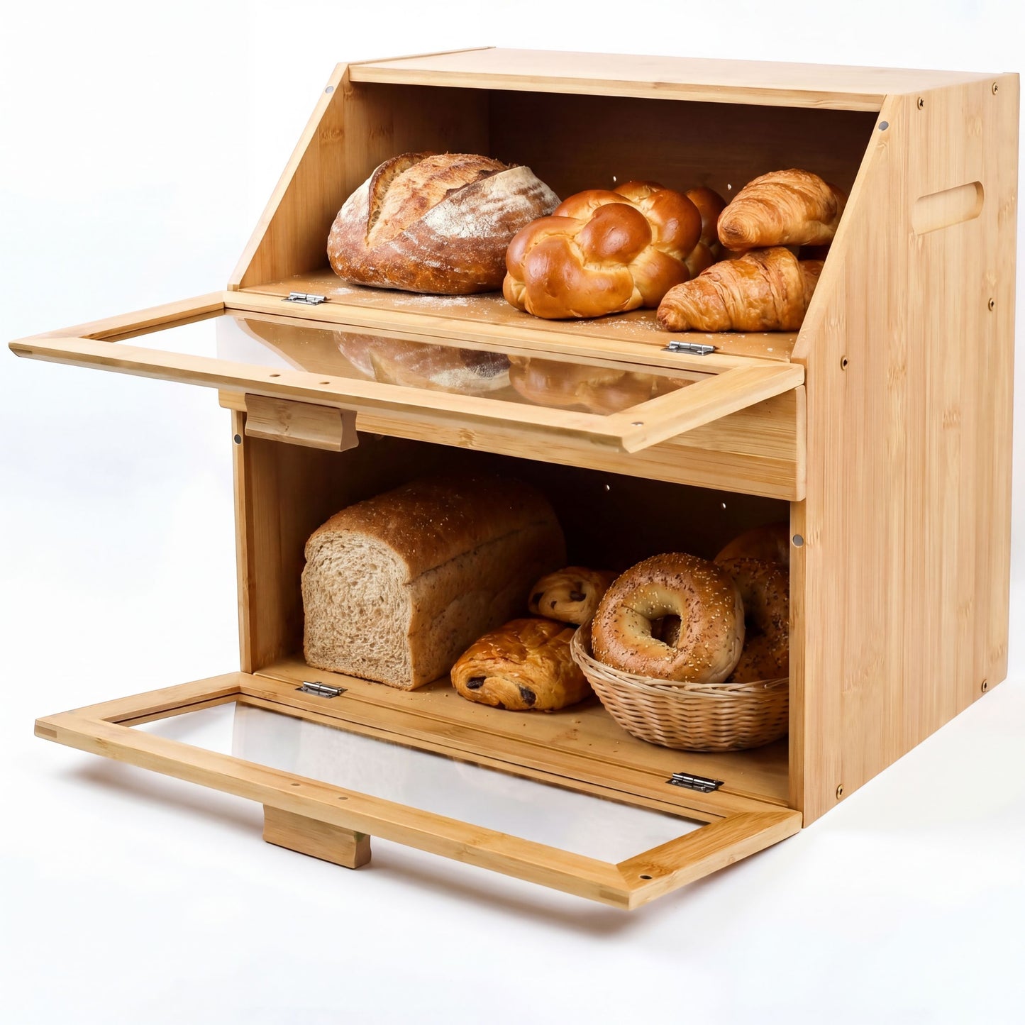 Large Bamboo 3-Compartment Bread Bin