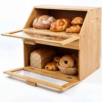 Large Bamboo 3-Compartment Bread Bin