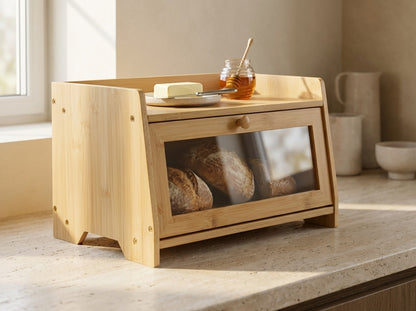 Wooden bread box with sliced bread inside on a kitchen counter.