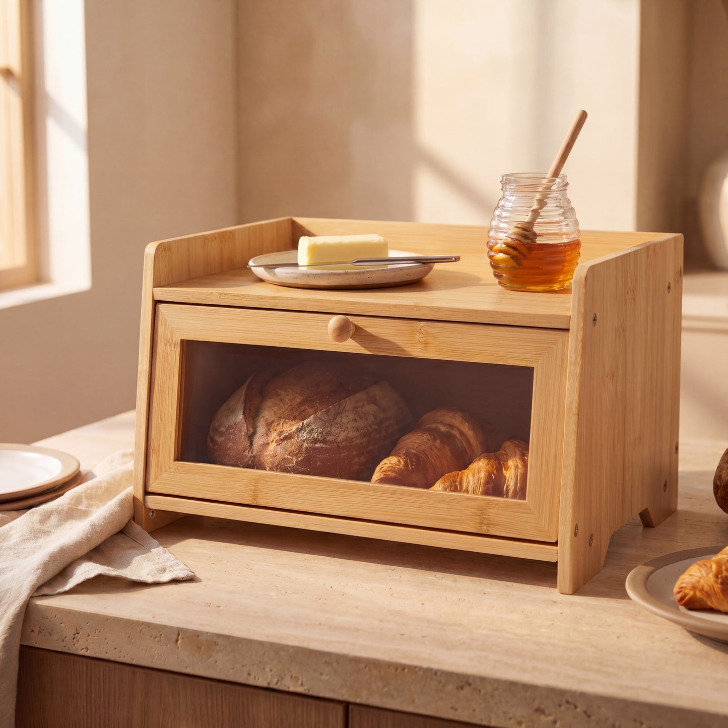Wooden bread box with bread, butter, and honey on a wooden surface.