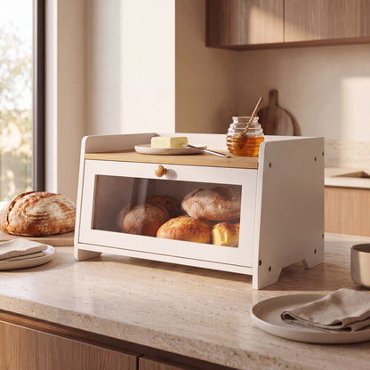 White Bamboo Single-Layer Bread Bin with Top Shelf