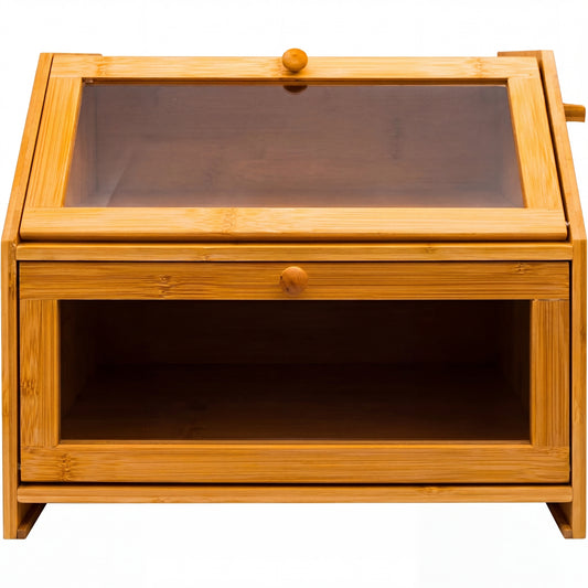 Large 2-Compartment Bamboo Bread Bin with Sliding Chopping Board