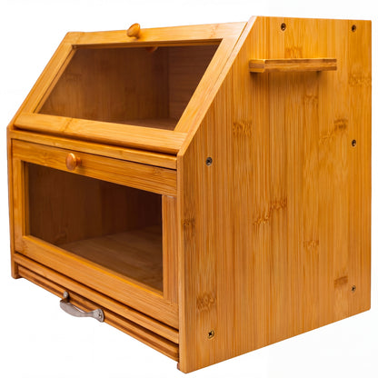 Large 2-Compartment Bamboo Bread Bin with Sliding Chopping Board