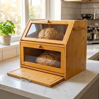 Large 2-Compartment Bamboo Bread Bin with Sliding Chopping Board