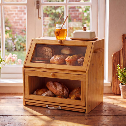 Large 2-Compartment Bamboo Bread Bin with Sliding Chopping Board