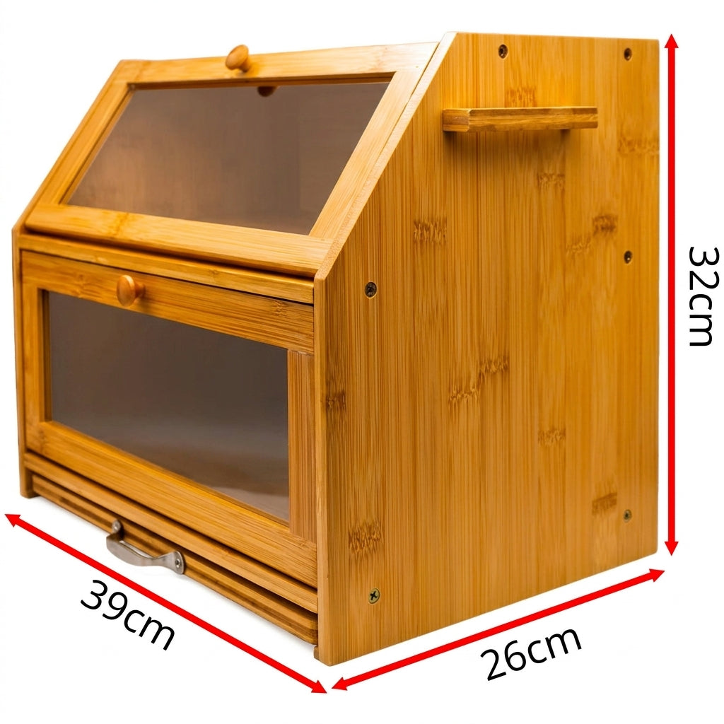 Large 2-Compartment Bamboo Bread Bin with Sliding Chopping Board