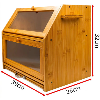 Large 2-Compartment Bamboo Bread Bin with Sliding Chopping Board