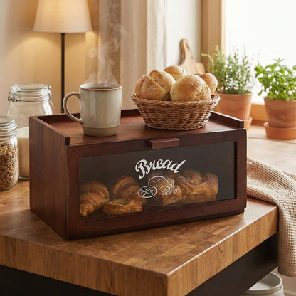 Retro Bamboo Single-Layer Bread Bin with Top Shelf