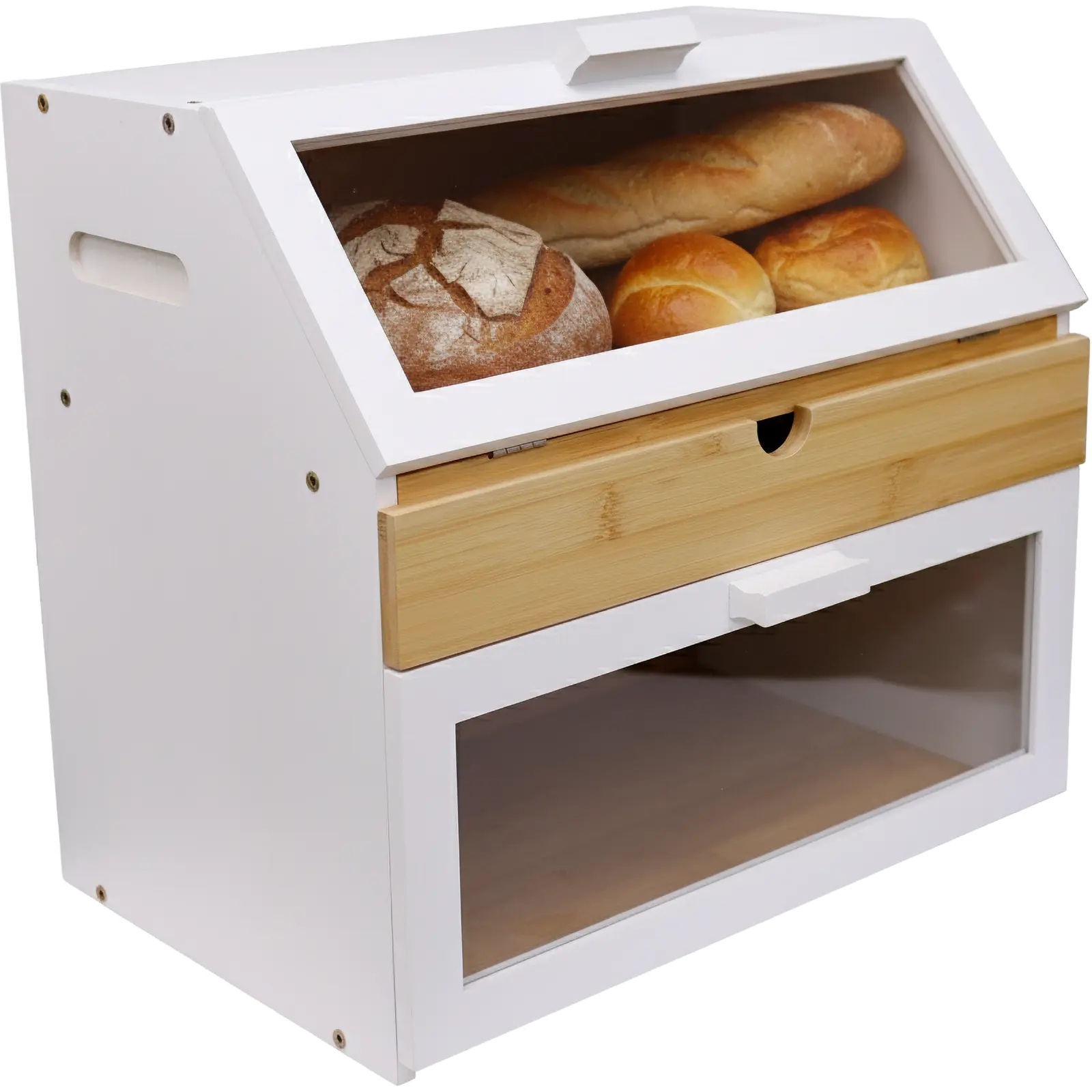 White bread box with wooden top and drawer containing loaves of bread on a white background