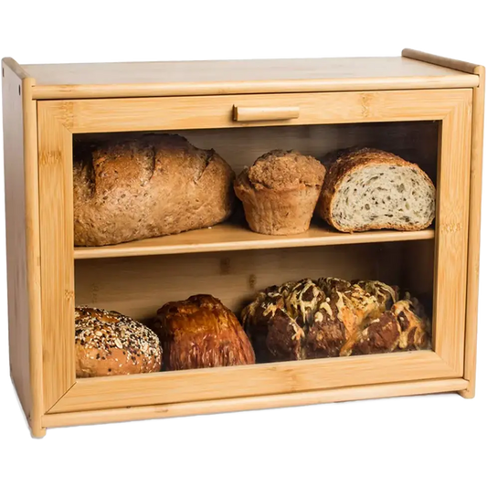 Bamboo Bread Bin with Acrylic Window, 2 Tier Shelf, Wooden Counter-Top Storage Box