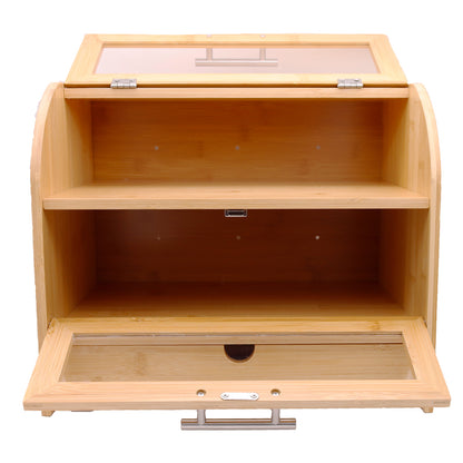 Wooden bread bin with a clear lid on a white background