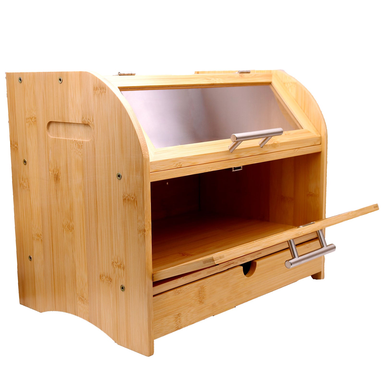 Wooden bread bin with a clear lid on a white background