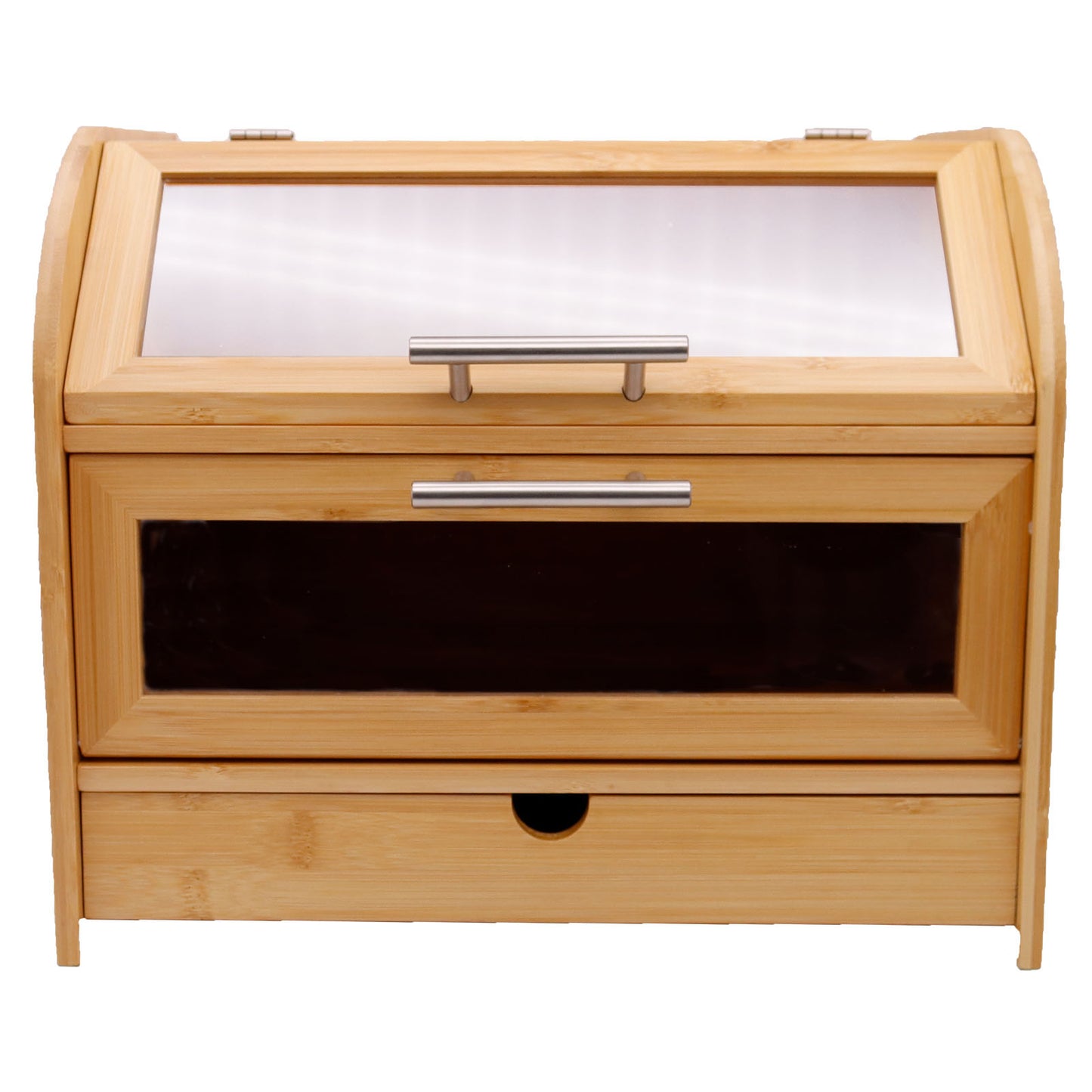 Wooden bread box with a clear lid on a white background