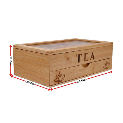 Bamboo Tea Bag Organiser with 8 Compartments and Drawer