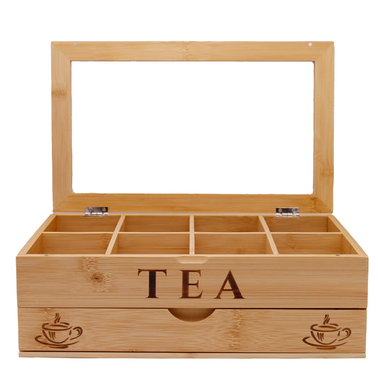 Wooden tea box with glass lid and 'TEA' engraving on a white background