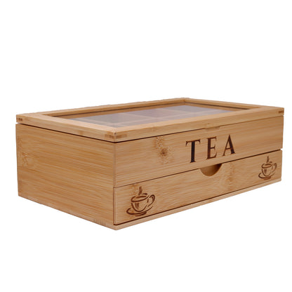 Bamboo Tea Bag Organiser with 8 Compartments and Drawer